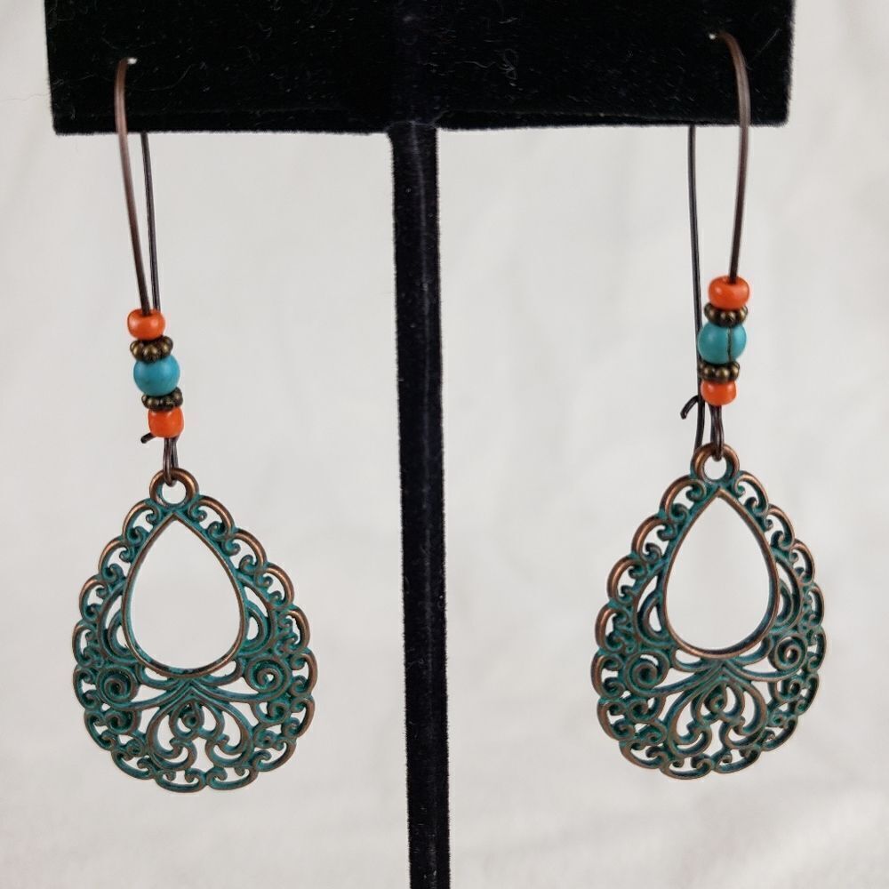 Boho Beaded Patina Teardrop Earrings